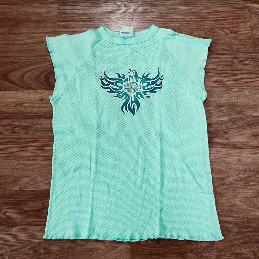 Vintage Harley Davidson Baby Tee Y2K Glitter Phoenix Flame T Shirt Womens XL
